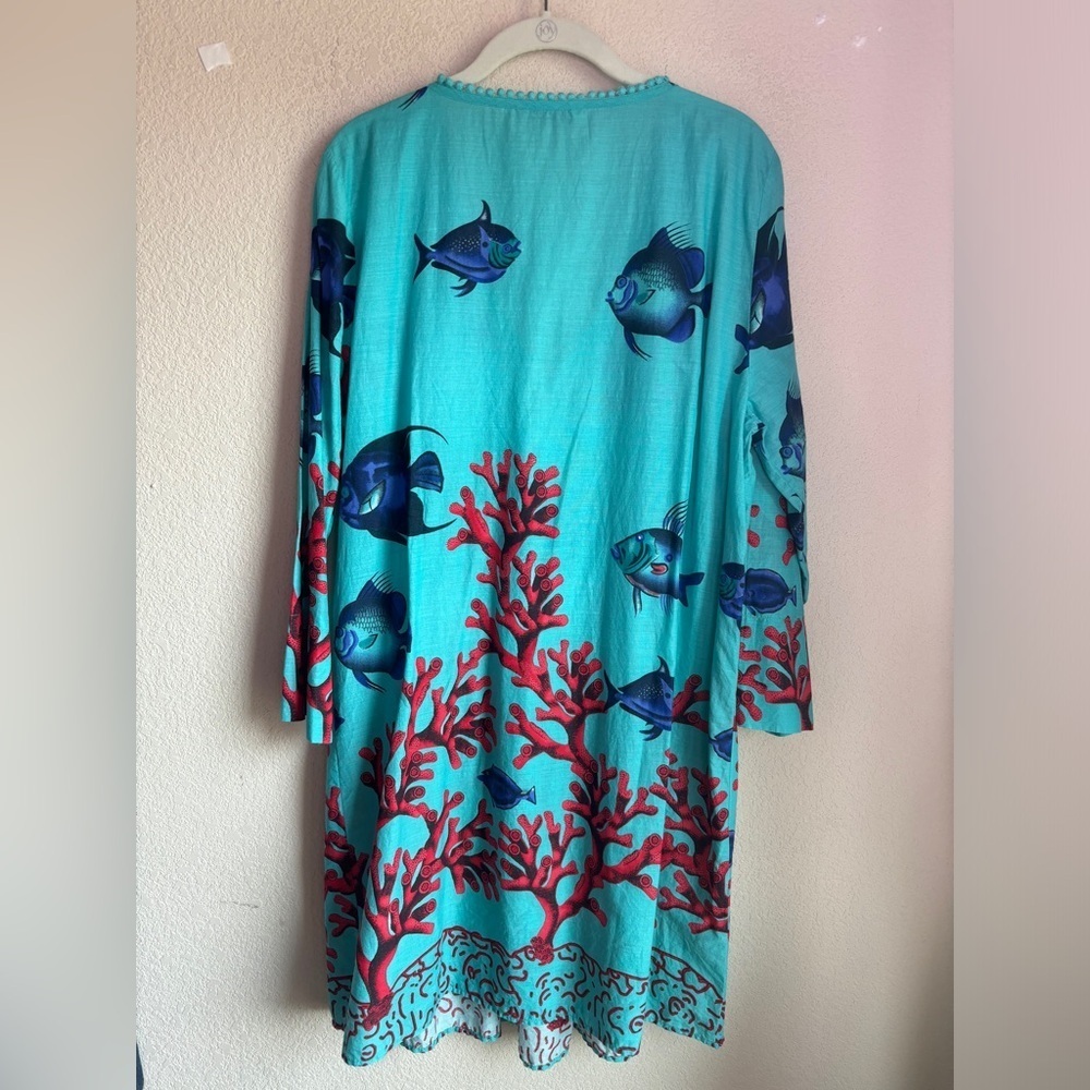 Soft Surroundings Seychelles Tropical Ocean Print Beaded Pleated Tunic Dress L - Picture 8 of 10